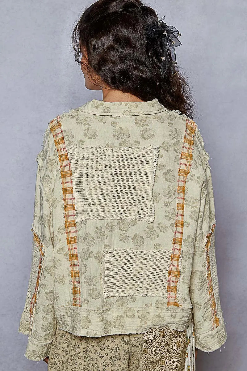 POL Raw Hem Zip Up Floral Jacket with Plaid and Crochet Patch OutfitFlow