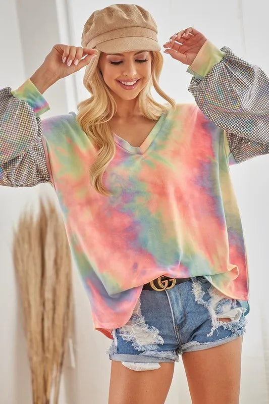 BiBi V Neck Tie Dye French Terry Top with Shiny Trendsi