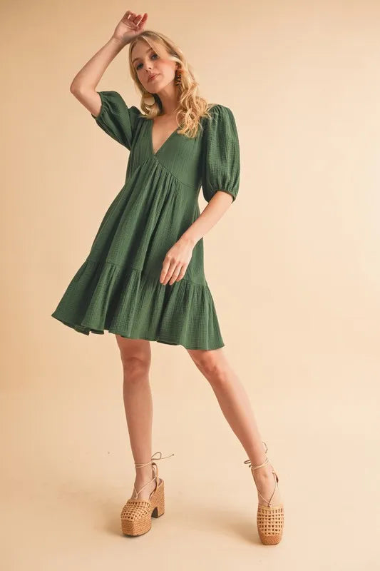Tied Back Ruffled Short Sleeve Mini Dress OutfitFlow