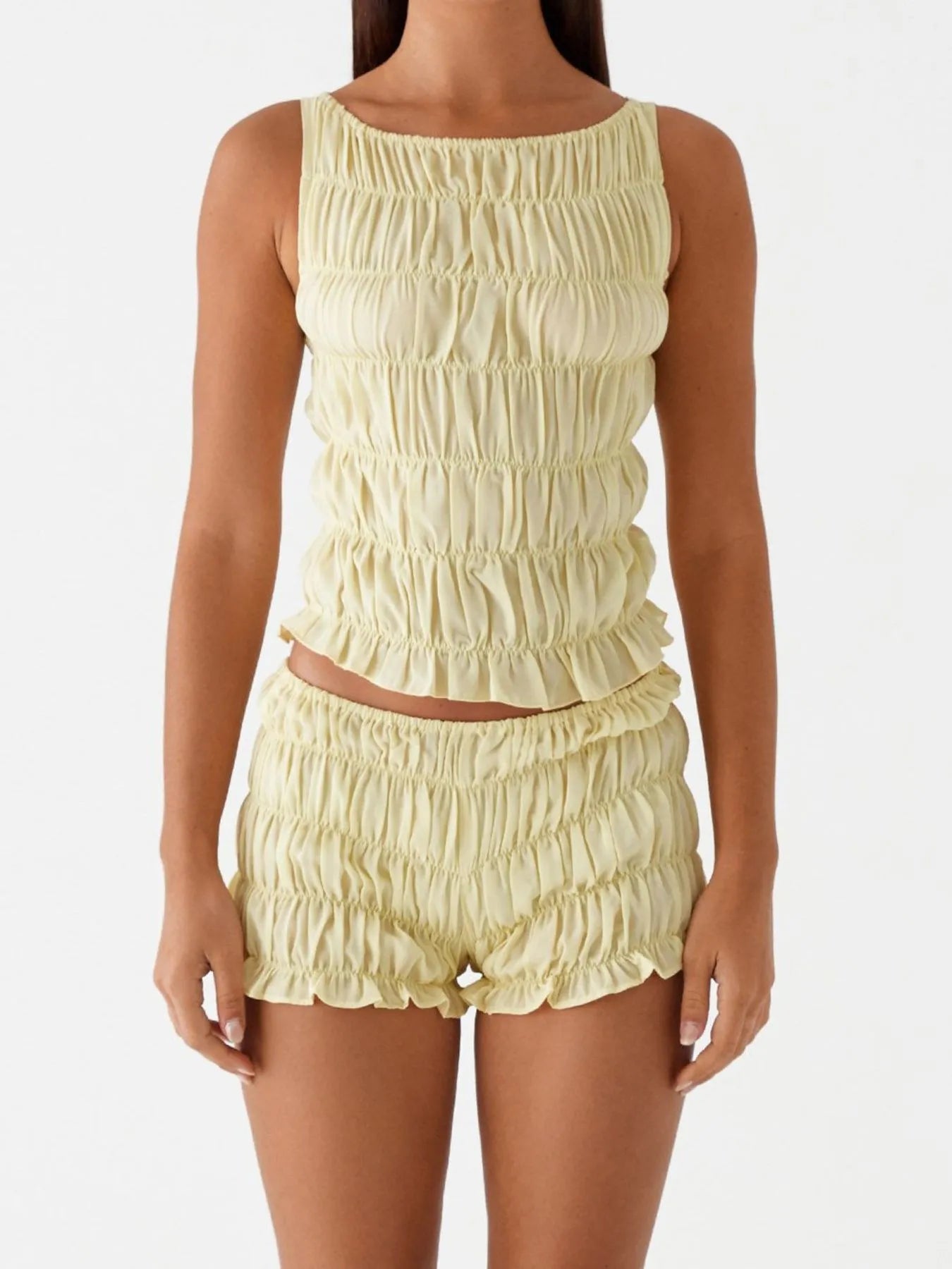 Ruched Texture Tank and Shorts Two-Piece Set OutfitFlow