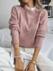 Lace Trim Button Detail Openwork Long Sleeve Sweater Dusty Pink OutfitFlow