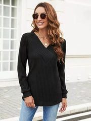 V-Neck Ribbed Long Sleeve Knit Top Black OutfitFlow