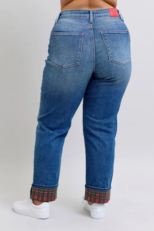 Judy Blue Full Size Mr Plaid Print Cuff Bf Jeans Plus Size OutfitFlow