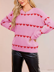 Heart Pattern Dropped Shoulder Sweater Rose Red OutfitFlow