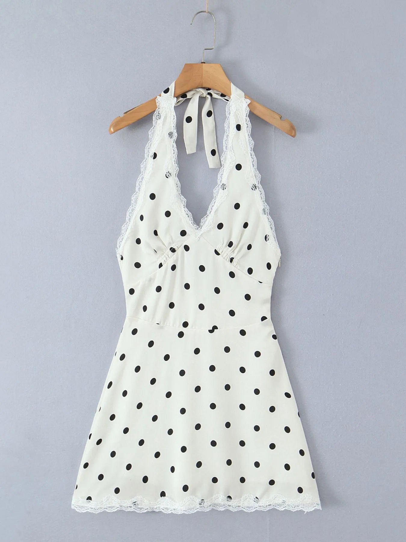 Polka Dot Halter Mini Dress with Lace Trim OutfitFlow