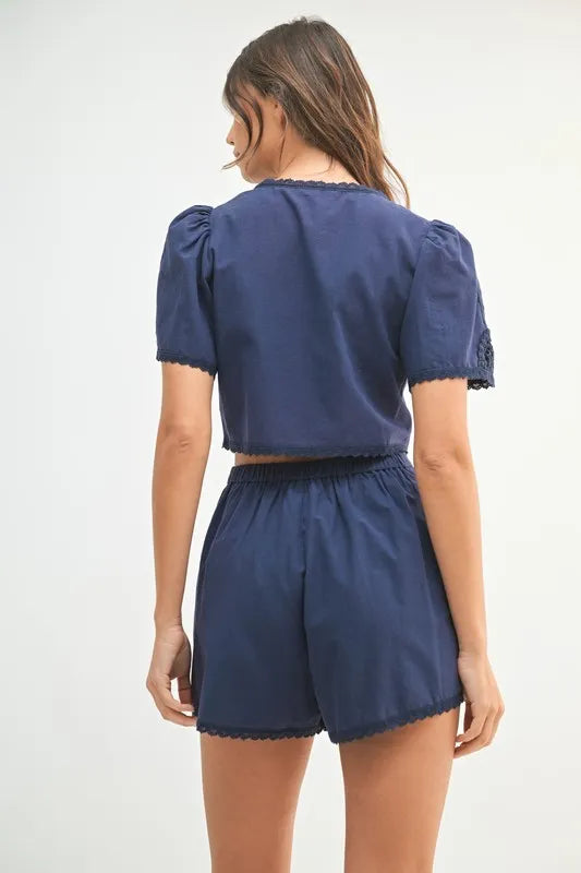 MABLE Crochet Lace Detail Crop Top and Shorts Set OutfitFlow