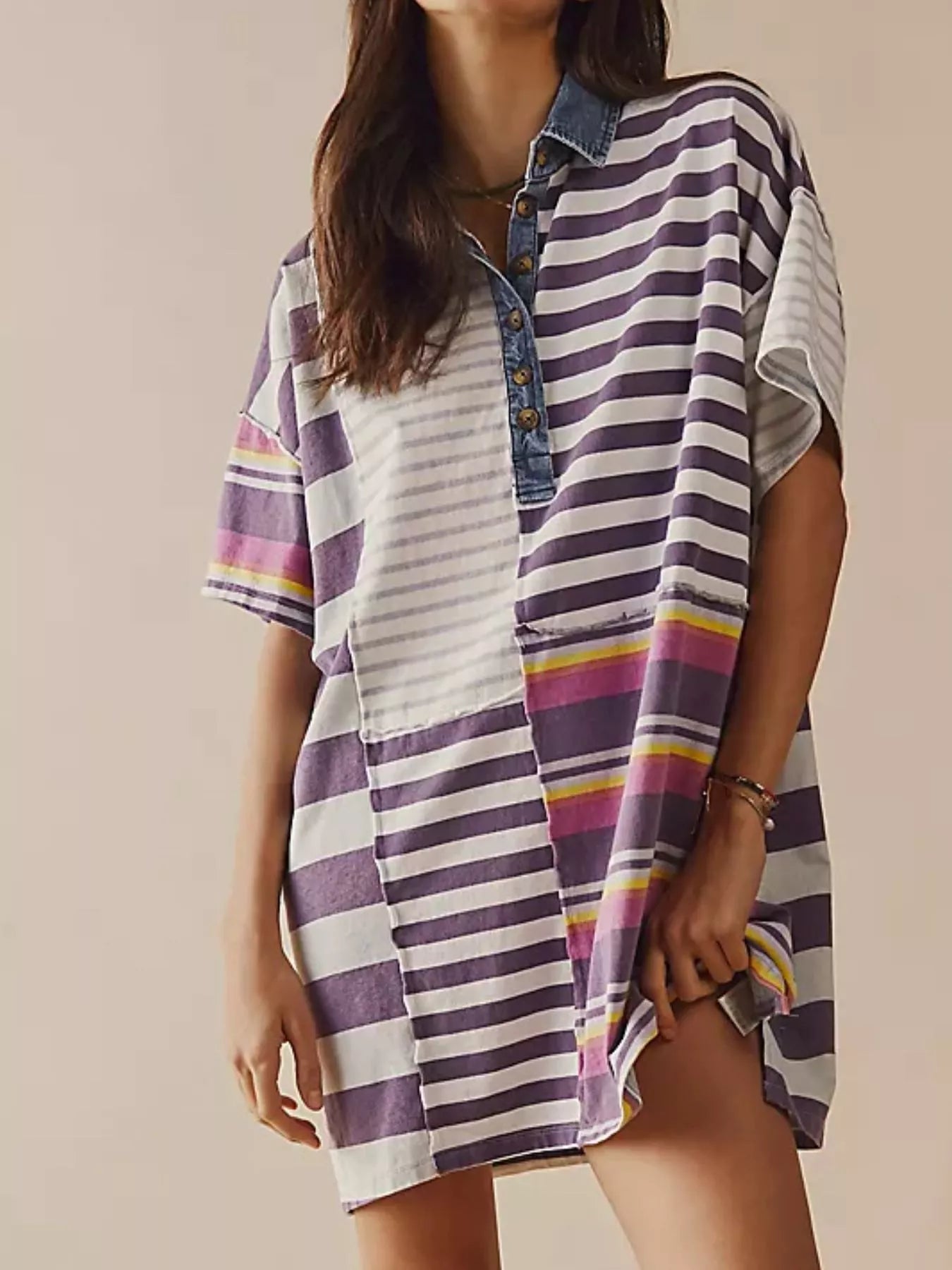 Striped Oversized Half Button Shirt Dress Lilac Stripes OutfitFlow