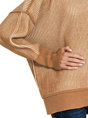 Zenana Exposed Seam Two Tone Ribbed Sweater Trendsi