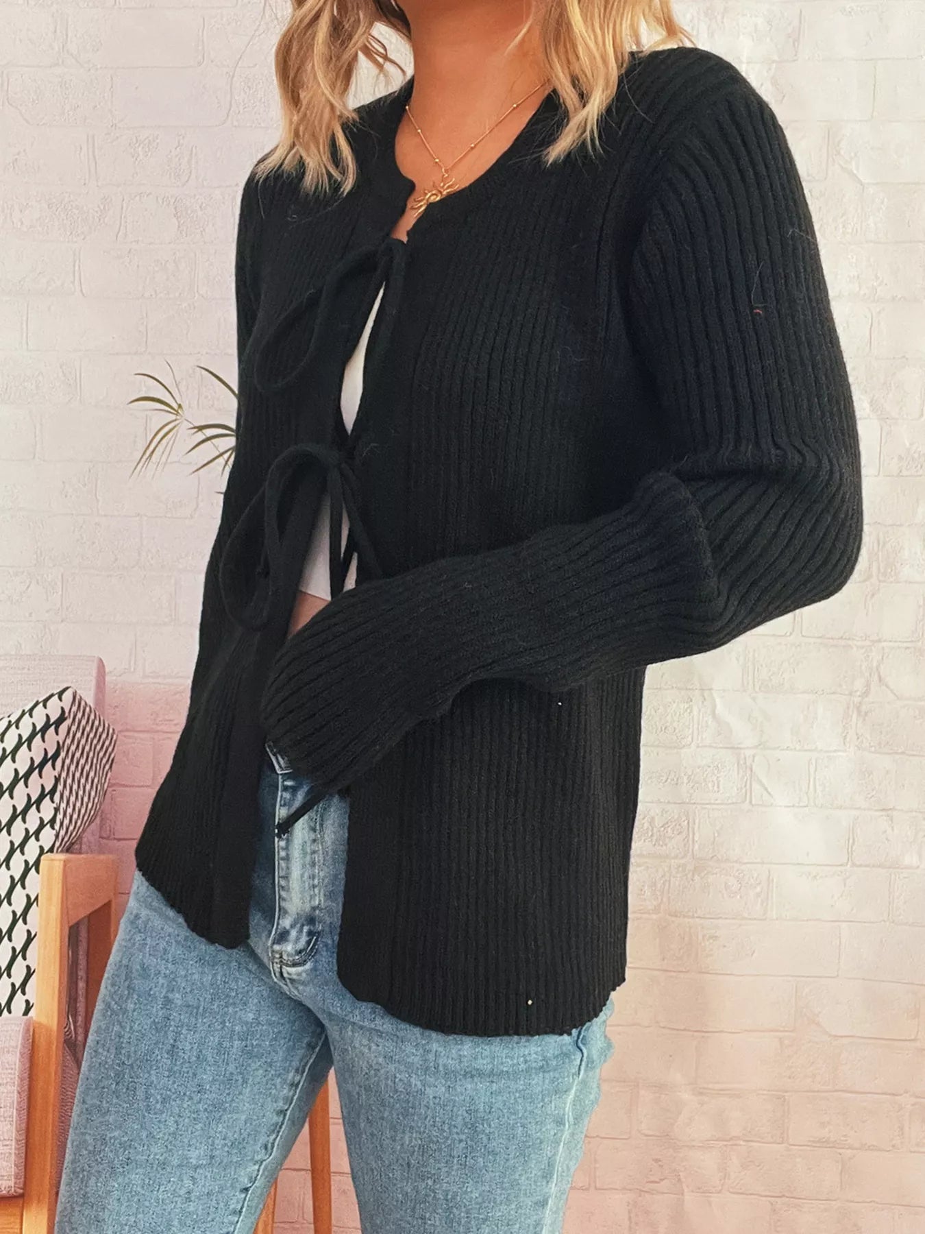 Ribbed Tie Front Long Sleeve Cardigan OutfitFlow