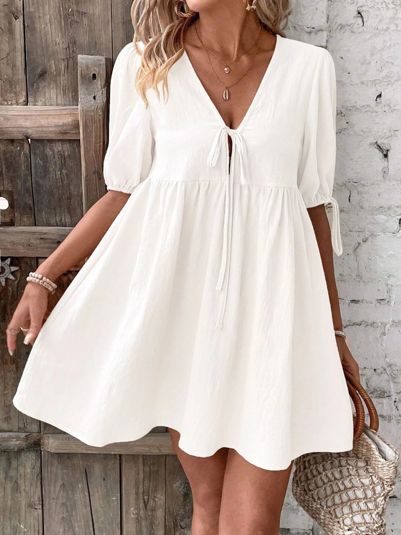 V-Neck Tie-Front Mini Dress with Puff Sleeves OutfitFlow