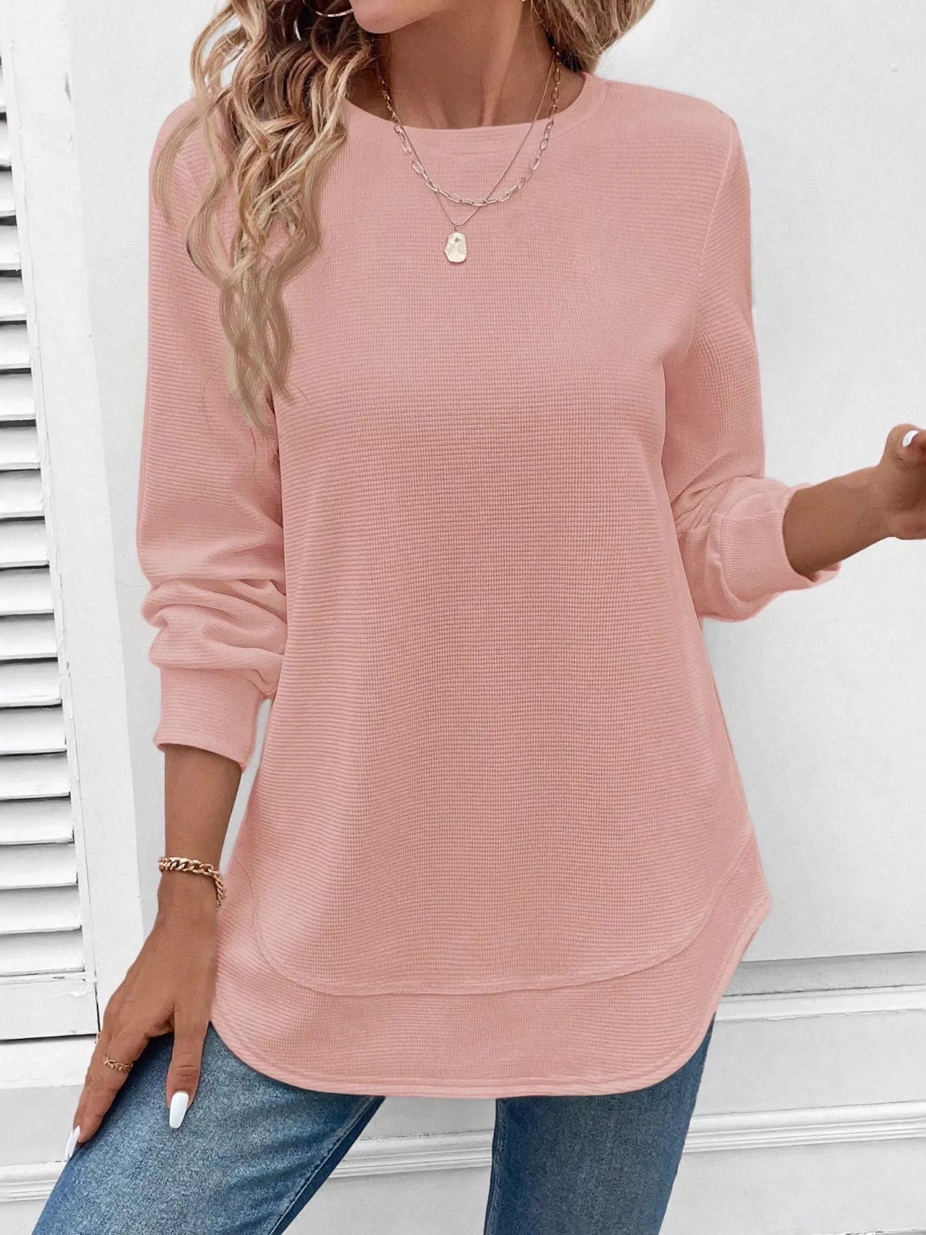 Casual Texture Knit Long Sleeve T-Shirt Trendsi