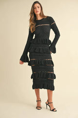 MABLE Long Sleeve Tiered Ruffle Knit Midi Dress OutfitFlow
