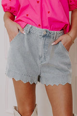 Scalloped Hem Denim Shorts Light Blue OutfitFlow