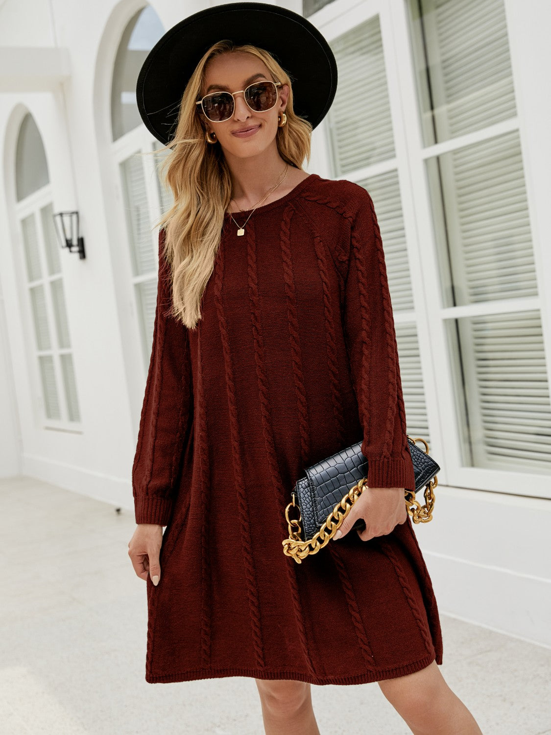 Cable-Knit Long Sleeve Sweater Dress