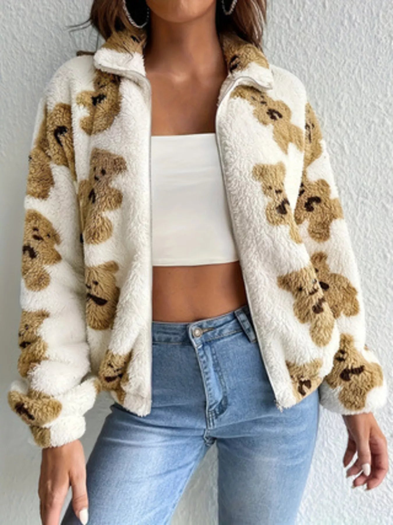 Teddy Bear Fuzzy Zip-Up Jacket OutfitFlow
