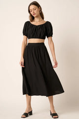 Mittoshop Cropped Puff Sleeve Blouse and Midi Skirt Set OutfitFlow