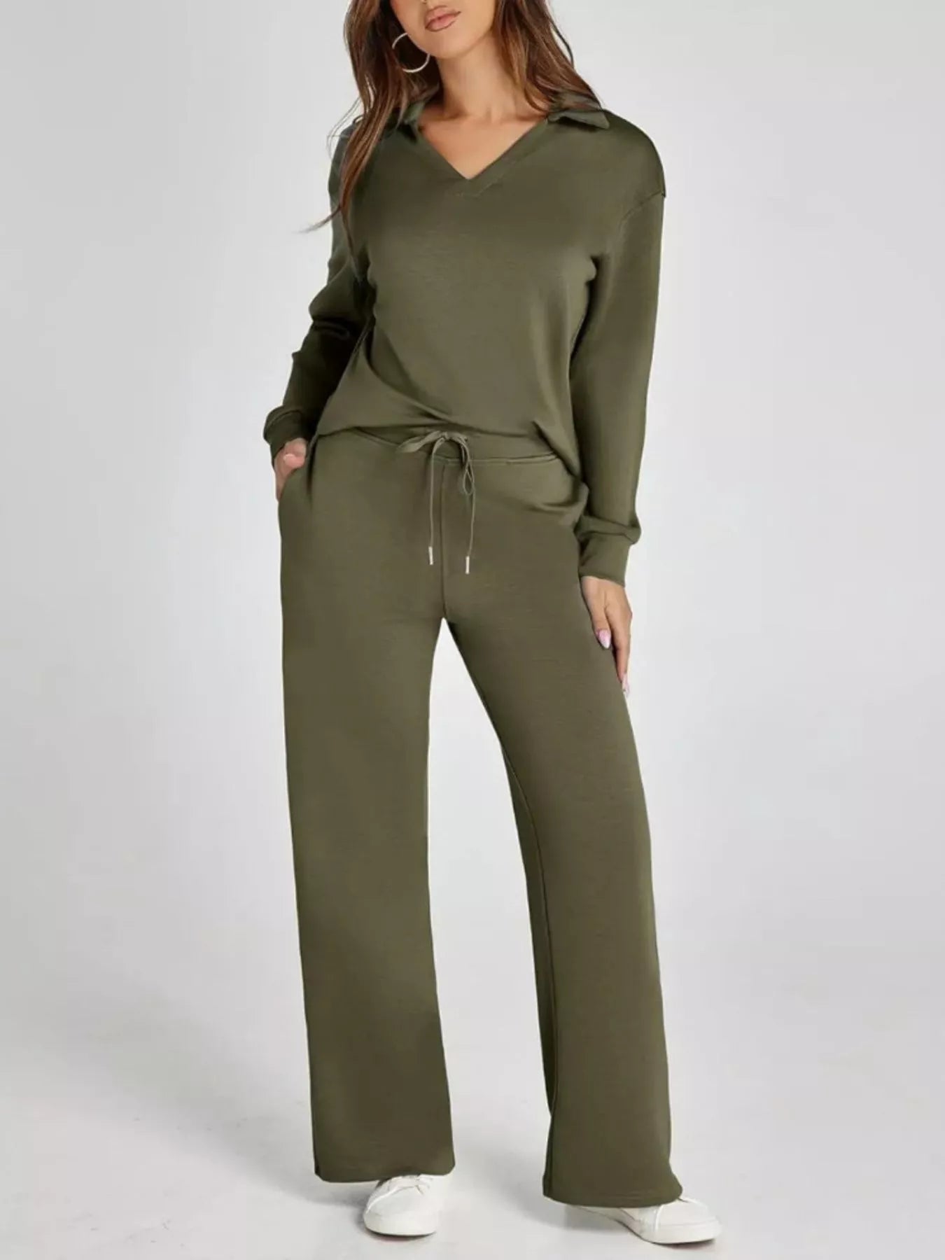 Full Size Johnny Collar Long Sleeve Top and Pants Plus Size Army Green OutfitFlow