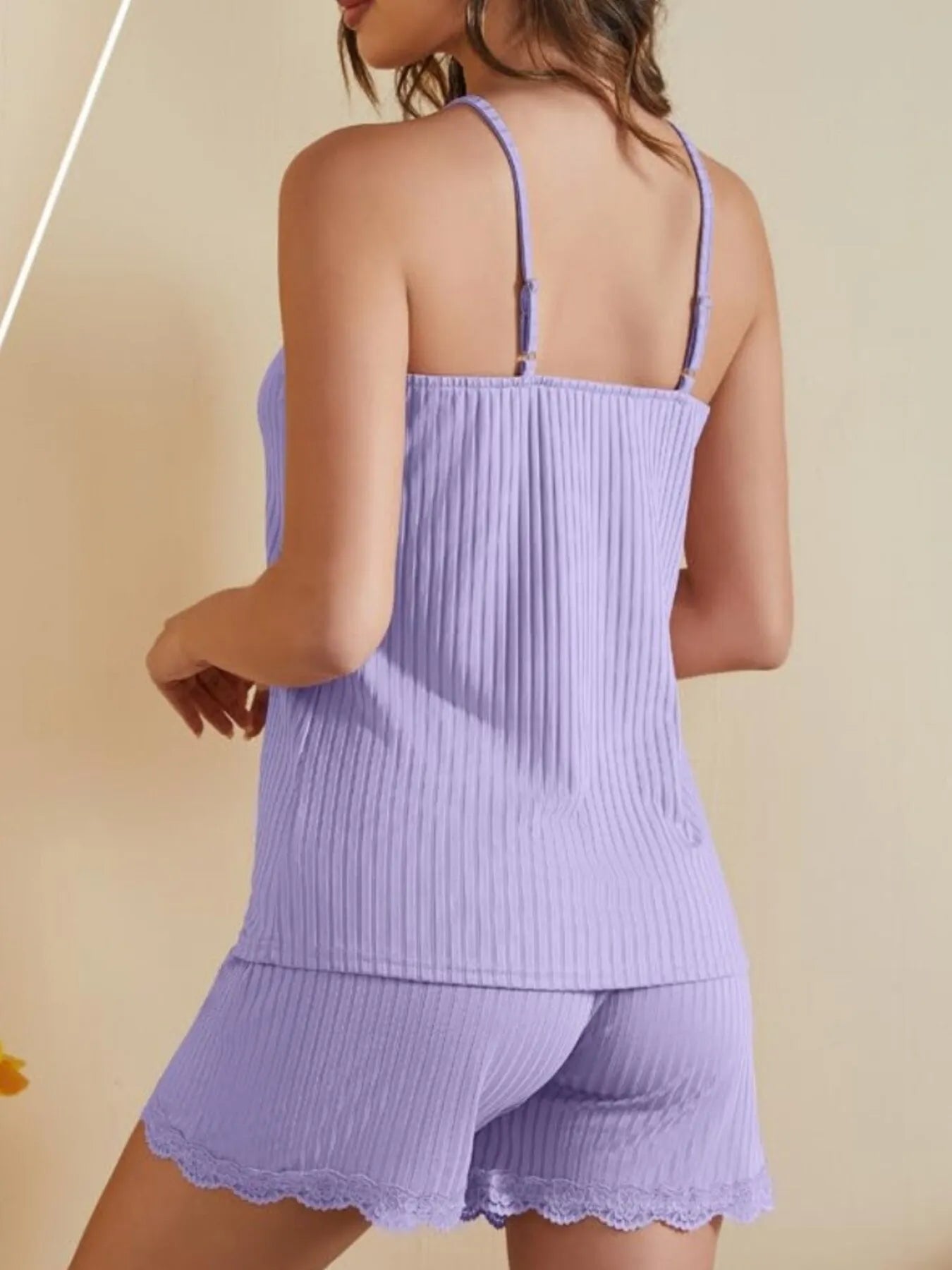Lace-Trimmed Ribbed Cami and Shorts Lounge Set OutfitFlow