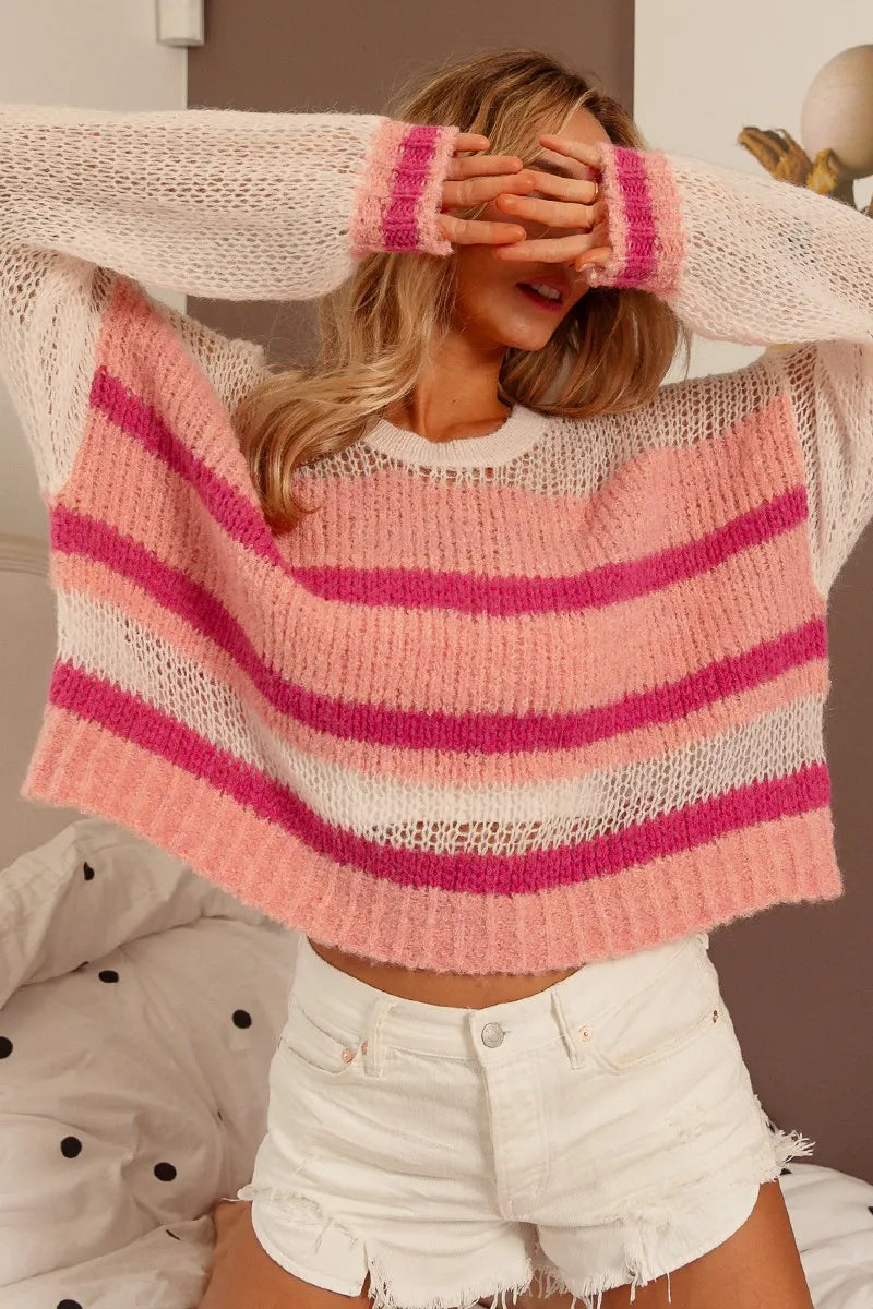 BiBi Hollow Out Yoke Detail Striped Sweater OutfitFlow