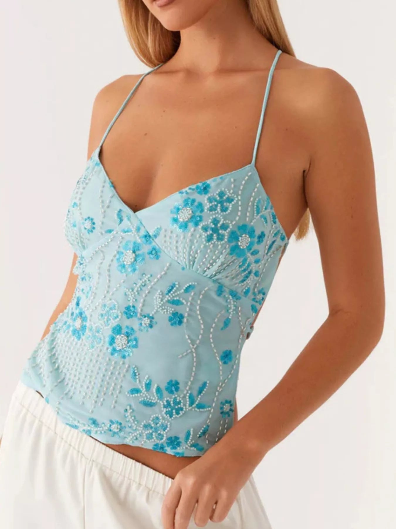 Embroidered Sequin Tie Back Cami Blue OutfitFlow