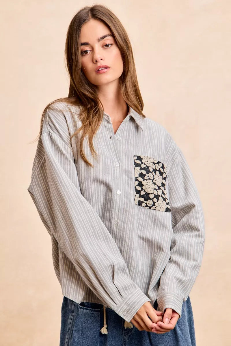BiBi Flower Jacquard Knit Patch Pocket Stripe Shirt OutfitFlow