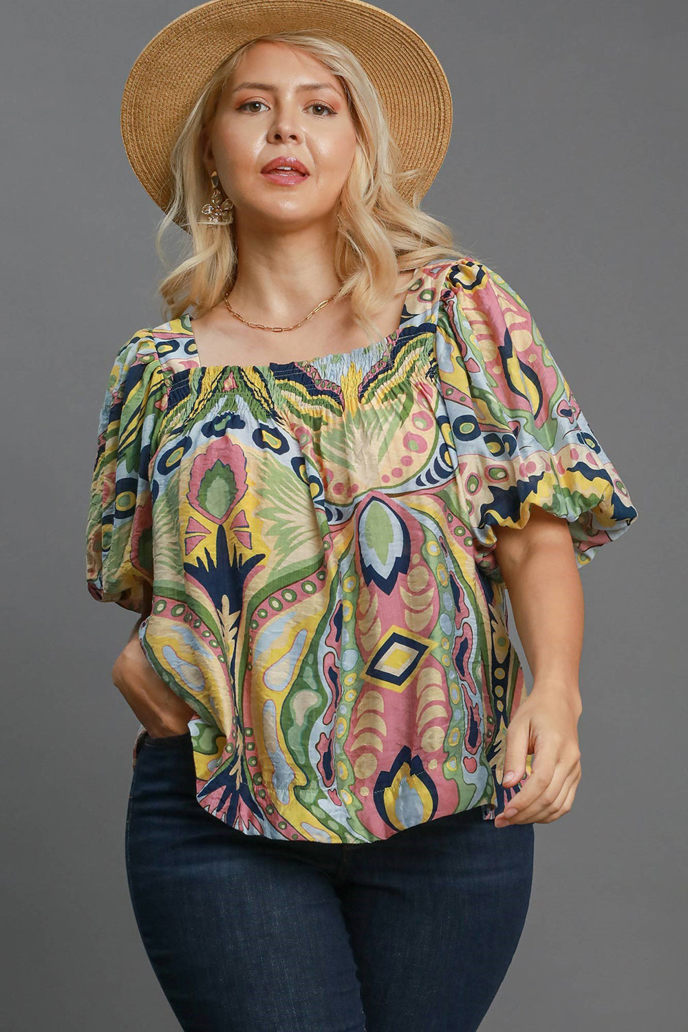 Outfit Flow - Umgee Full Size Abstract Print Smocked Square Neck Puff Sleeve Blouse