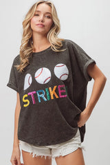 BiBi Sequin Baseballs Strike Washed Short Sleeve Top OutfitFlow