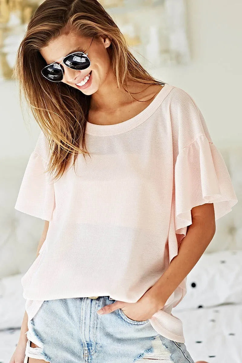BiBi Thermal Knit with Ruffled Sleeve Top OutfitFlow