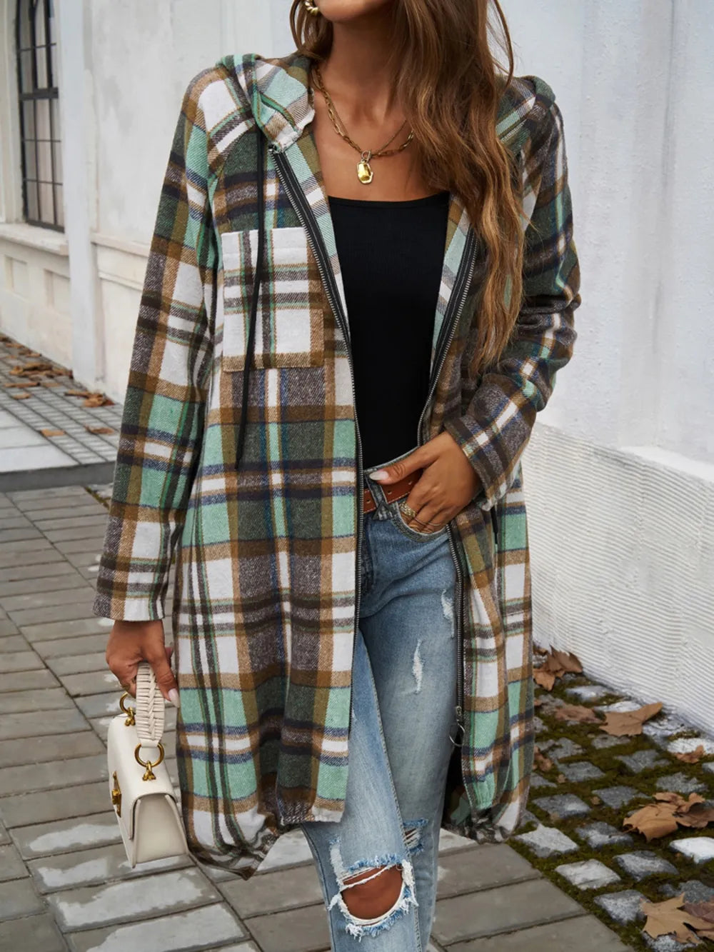 Devine Plaid Zip Up Hooded Coat Dark Green OutfitFlow