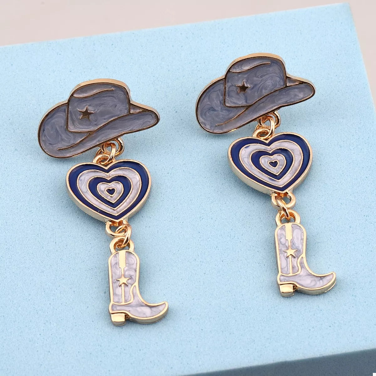 Cowgirl Boots Heart Dangle Earrings Sea Blue onesize OutfitFlow