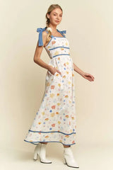Davi & Dani Denim Binding Detail Smocking Summer Maxi Dress OutfitFlow