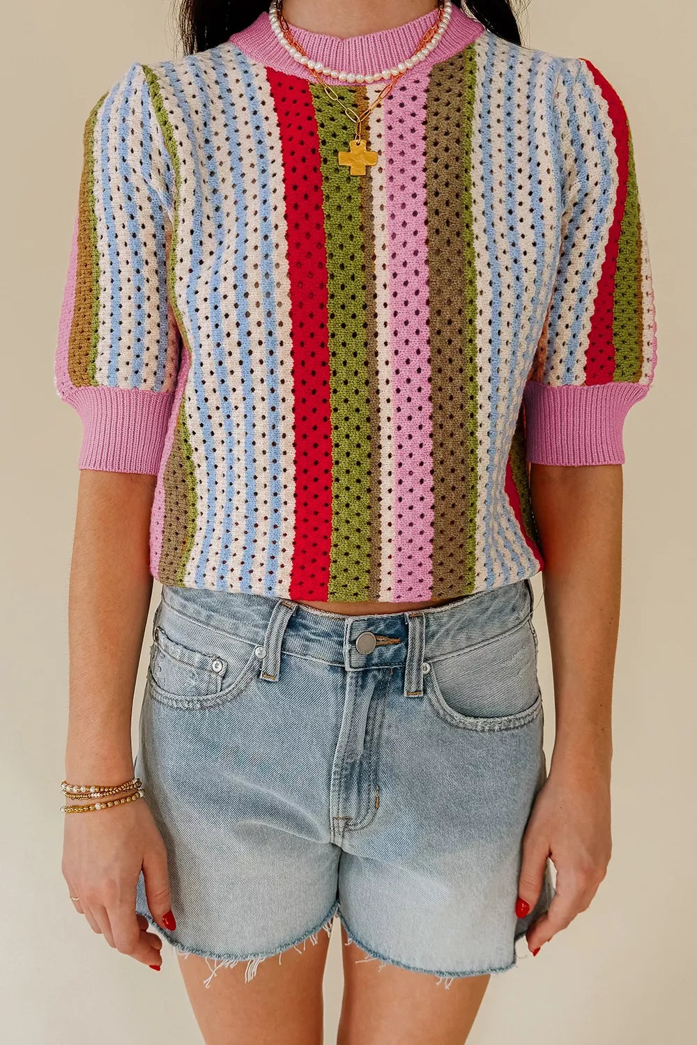 Color Block Short Sleeve Striped Crochet Knit Top Multicolor OutfitFlow