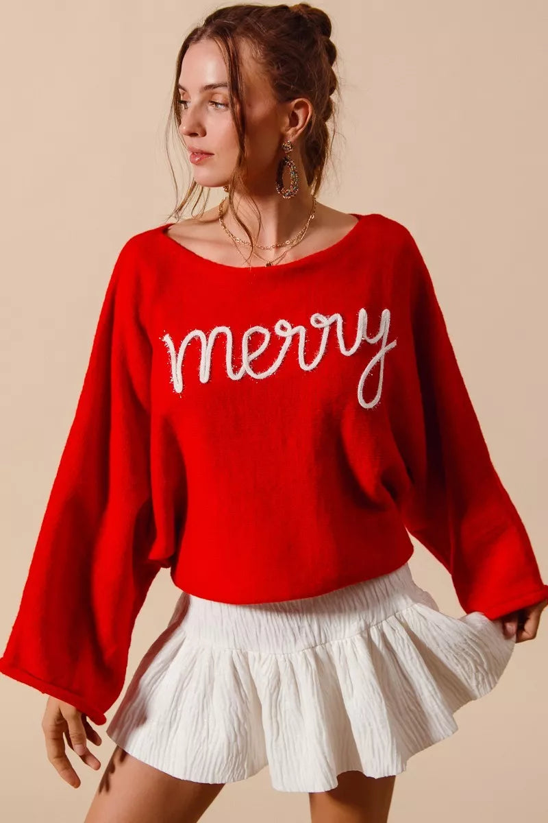 SO ME Merry Tinsel Lettering Christmas Sweater Top RED IVORY OutfitFlow