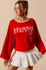 SO ME Merry Tinsel Lettering Christmas Sweater Top RED IVORY OutfitFlow