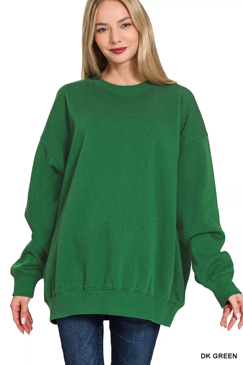 Zenana Oversized Round Neck Fleece Tunic Sweatshirt DK GREEN OutfitFlow