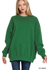 Zenana Oversized Round Neck Fleece Tunic Sweatshirt DK GREEN OutfitFlow