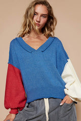 Outfit Flow - POL Exposed Seam Contrast V-Neck Lantern Sleeve Sweater