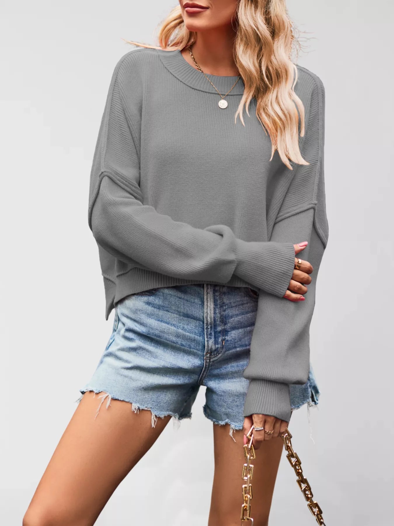 Round Neck Dropped Shoulder Sweater OutfitFlow