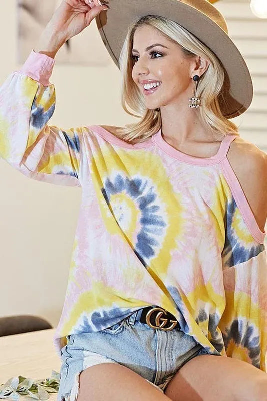BiBi Tie Dye Print Terry Top with Cold Shoulder Detail OutfitFlow