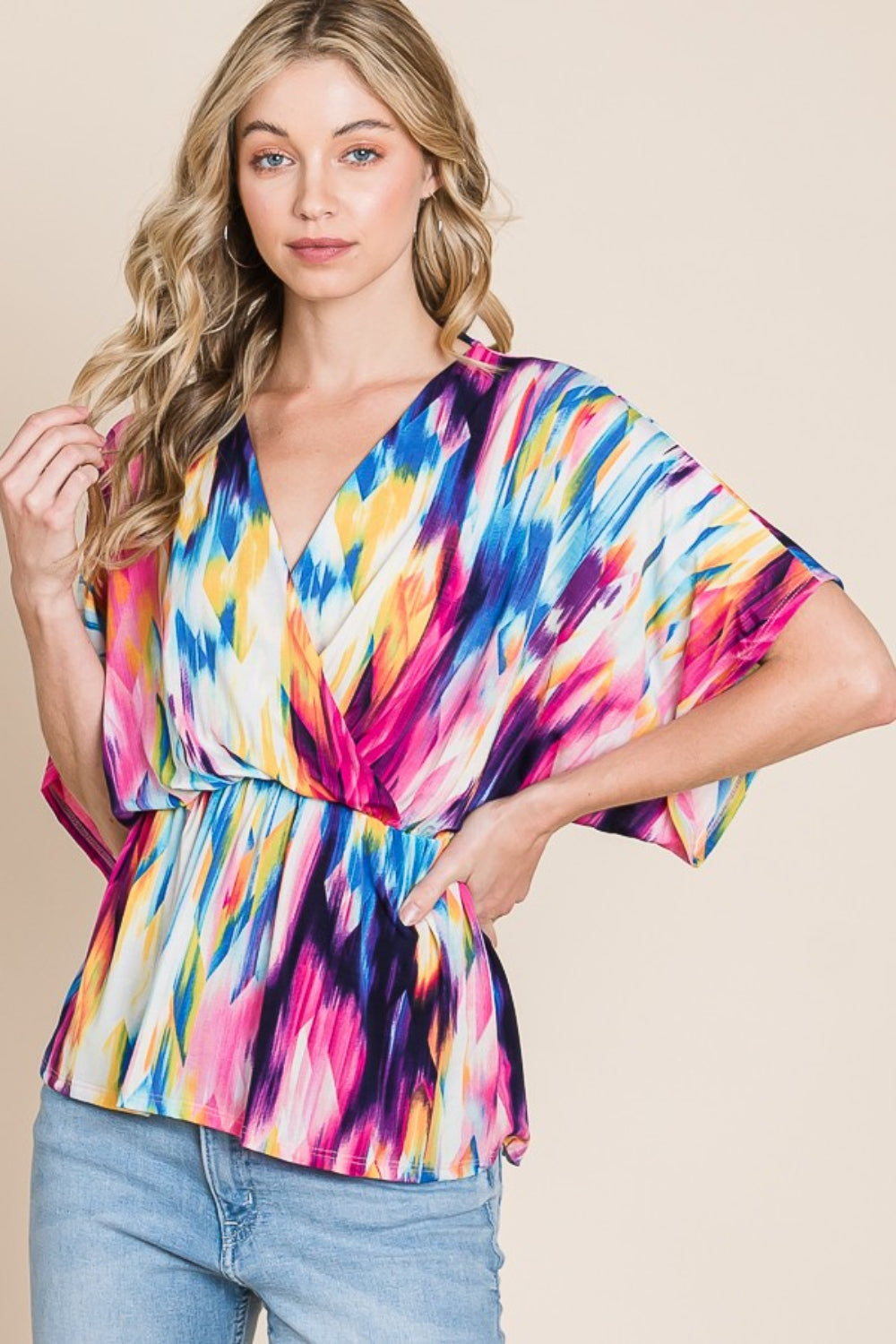 BOMBOM Printed Surplice Peplum Blouse