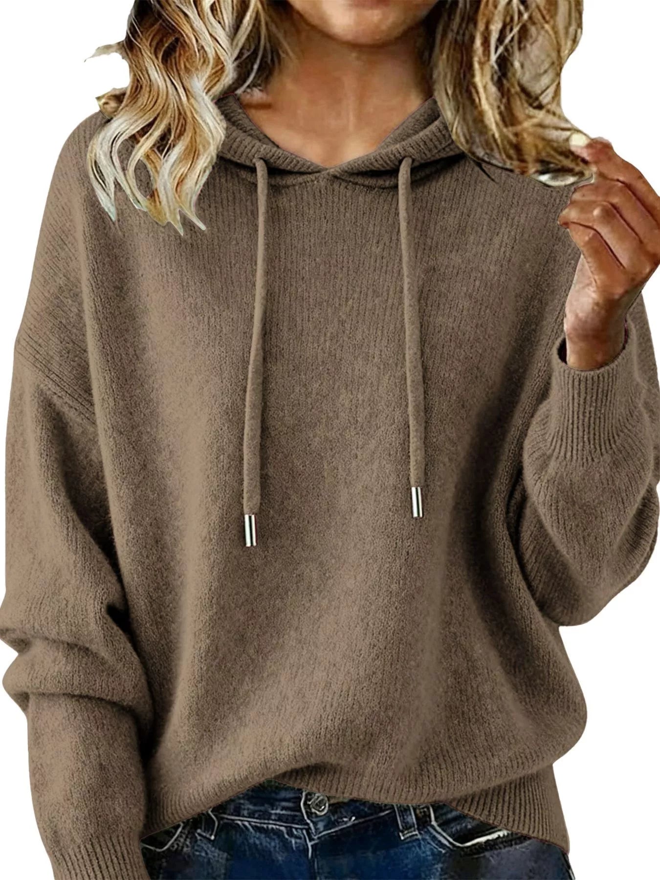 Drawstring Long Sleeve Hooded Sweater Light Brown Color Trendsi