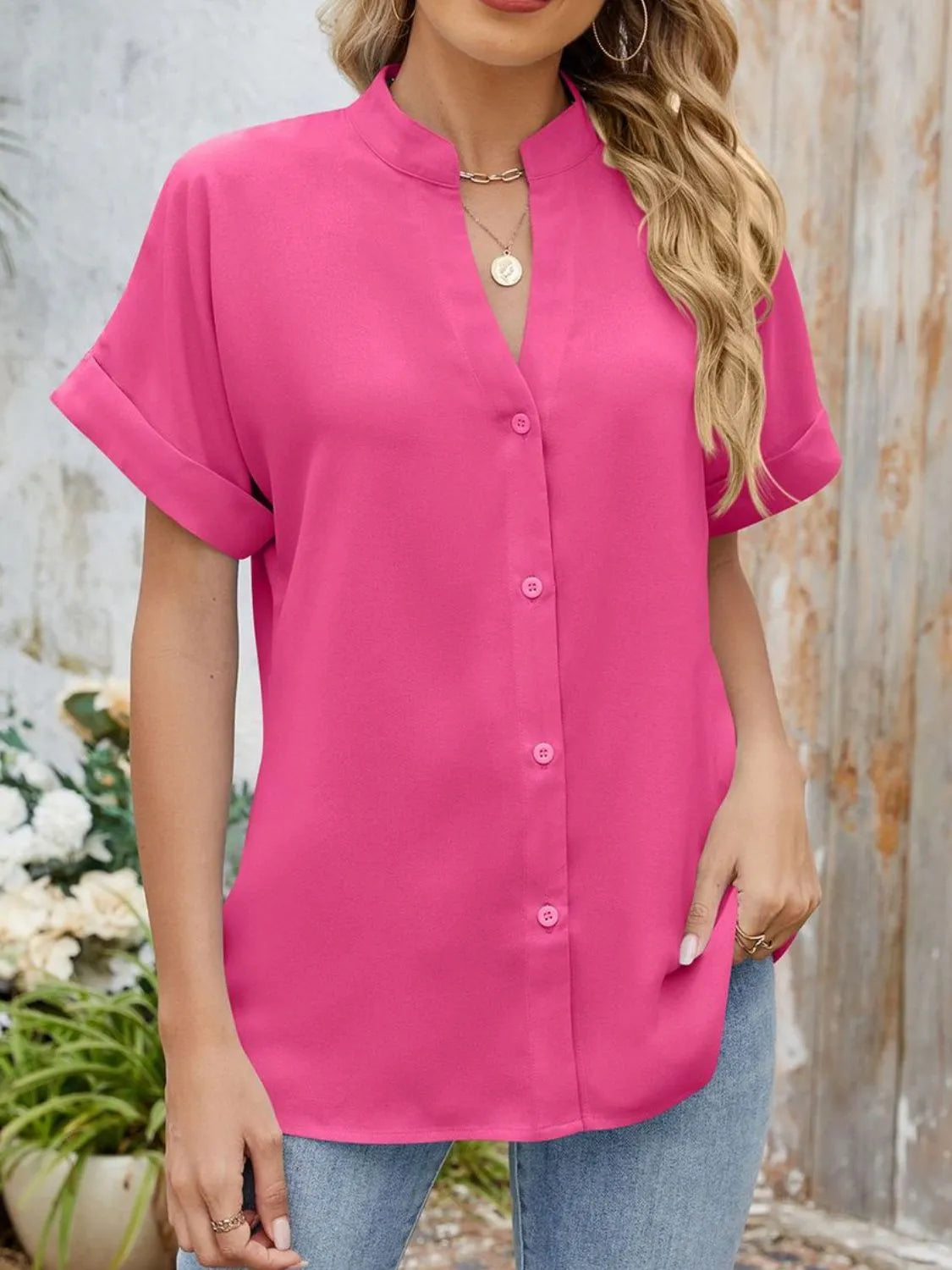 Notched Short Sleeve Blouse OutfitFlow