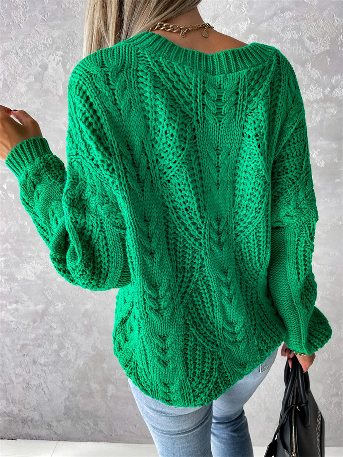 V-Neck Cable-Knit Long Sleeve Sweater OutfitFlow