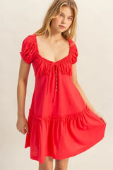 HYFVE Ruched Frill Tiered Short Sleeve Mini Dress OutfitFlow
