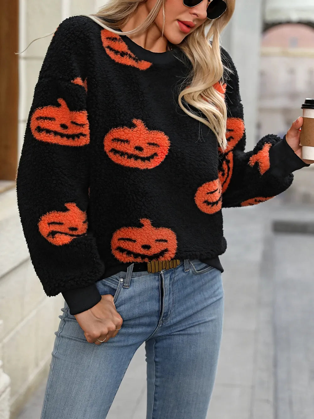 Fuzzy Pumpkin Round Neck Dropped Shoulder Sweater OutfitFlow