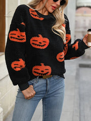 Fuzzy Pumpkin Round Neck Dropped Shoulder Sweater OutfitFlow