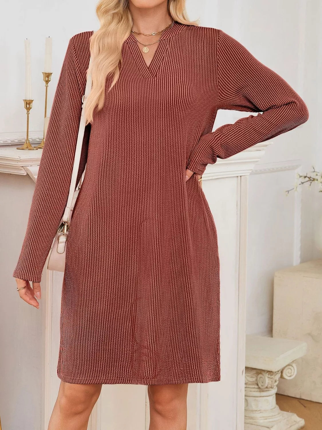Casual Ribbed Knit Long Sleeve Dress Trendsi