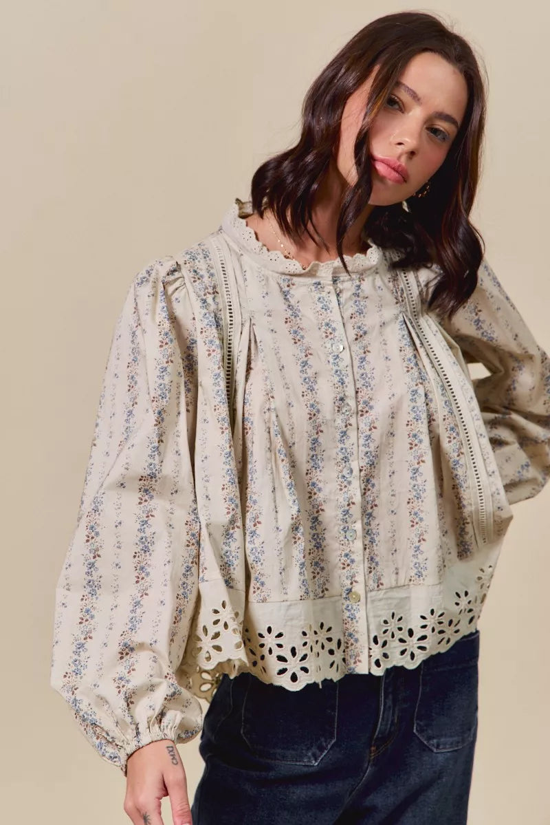 SO ME Floral Print Lace Button Down Shirt OutfitFlow