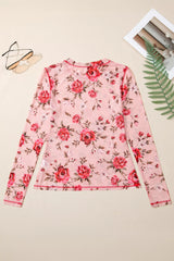 Floral Print Exposed Seam Detail Mesh Long Sleeve Top OutfitFlow
