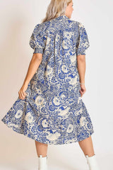 Umgee Full Size Printed Smocked Cuff Puff Sleeve Midi Dress Plus Size OutfitFlow